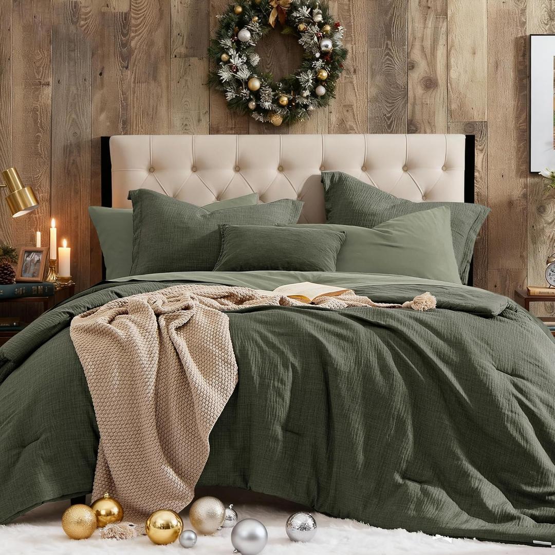 Geniospin King Comforter Set - 7 Pieces Comforter King Size, Soft Solid Bedding Set for All Season, Textured Bed in a Bag with Sheets, Pillowcases & Shams (Dark Green, 102''x90'')