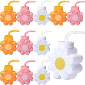 Domensi 12 Pcs Daisy Themed Party Favor Gift Supplies Daisy Flower Cups with Lids and Straws,10 oz Chrysanthemum Flower Plastic Cups for Birthday Party, Wedding Baby Shower Party Decorations Supplies