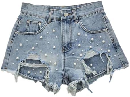 Jegsnoe Women Beads Ripped A-Line Denim Shorts Summer High Waist Slim Frayed Wide-Leg Shorts L