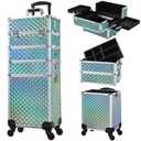 Stagiant Rolling Makeup Case Cosmetology Case on Wheels 4 in 1 Makeup Travel Case Large Cosmetic Organizer Storage with Key Swivel Wheels Nail Artist Salon Traveling Cart Trunk Watery Blue