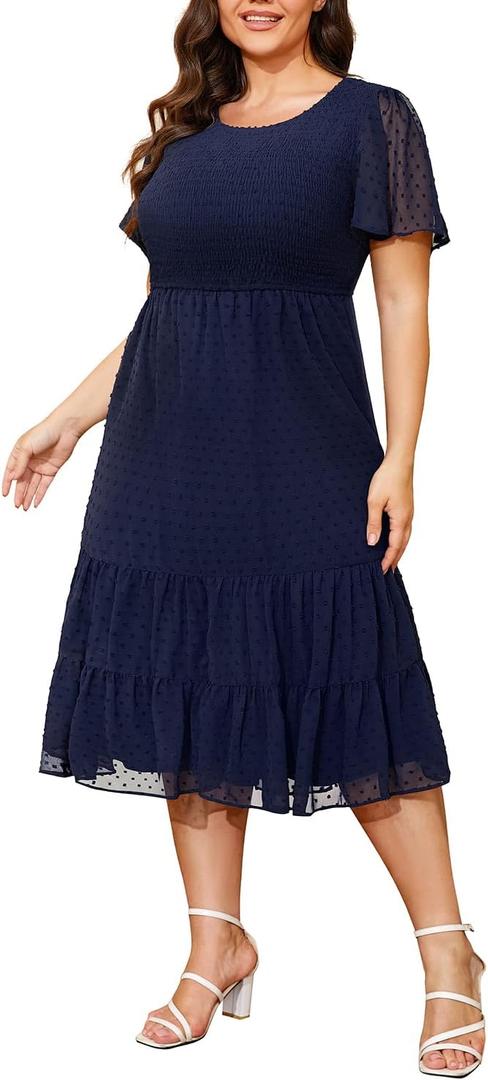 Women Plus Size Summer Casual Flutter Short Sleeve Smocked Midi Swiss Dot Flowy Tiered Dresses (Navy Blue, L)