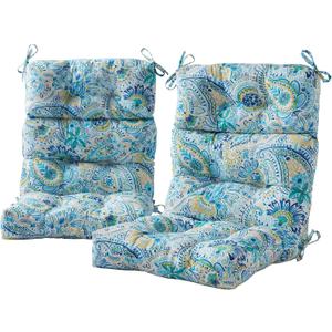 Outdoor Tufted High-Back Chair Cushions, One-Piece Hinged Seat and Back Design, Reversible with 4 Ties, Durable Polyester Fabric, Recycled Fiber Fill - Set of 2, Baltic Paisley