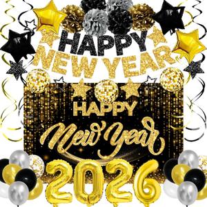 New Years Eve Party Supplies 2026 Happy New Year Decorations Kit - Black Gold Happy New Year Banner, Backdrop, 2026 Balloons, Pom Poms and Hanging Swirls for Kids Adults Party Decor