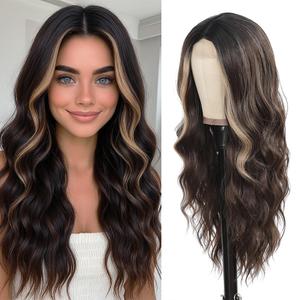 Long Brown Wig for Women 26Inch Wavy Curly Brown Highlight Blonde Hair Wigs Synthetic Hair Replacement Wig Heat Resistant Hair Wig for Daily Party Use Halloween Costume Wigs