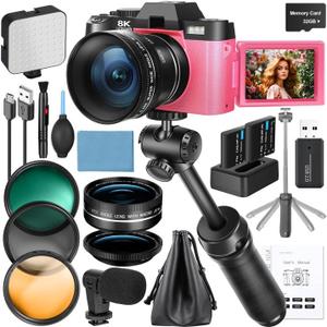 8K Digital Camera for Photography, 64MP WiFi Vlogging Camera Kit with 180° Flip Screen, 16X Zoom, Microphone & Tripod Stand for Beginners, Teens & Content Creators (Pink)