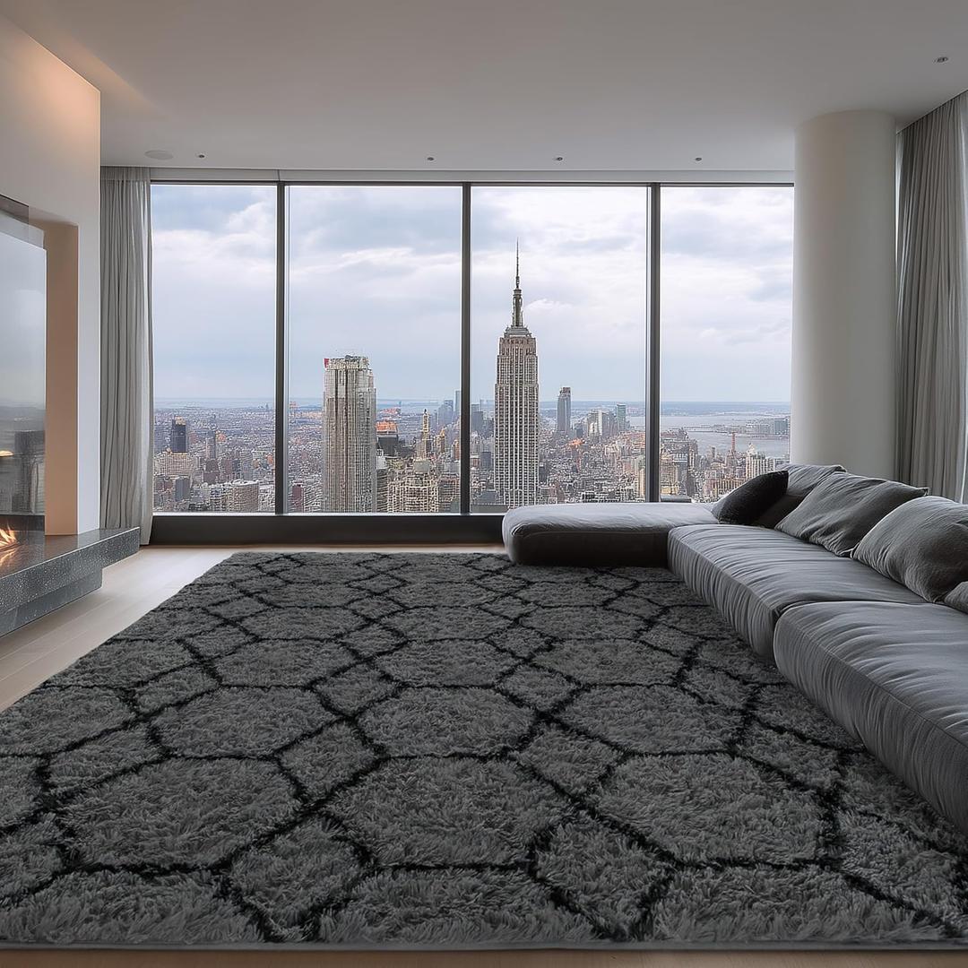 Large Rugs for Living Room, 8x10 Fluffy Grey and Black Bedroom Area Rug, Shag Geometric Soft Fuzzy Carpets Big Kids Room Rug, Non-Slip Plush Modern Rug for Office Home Decor Aesthetic