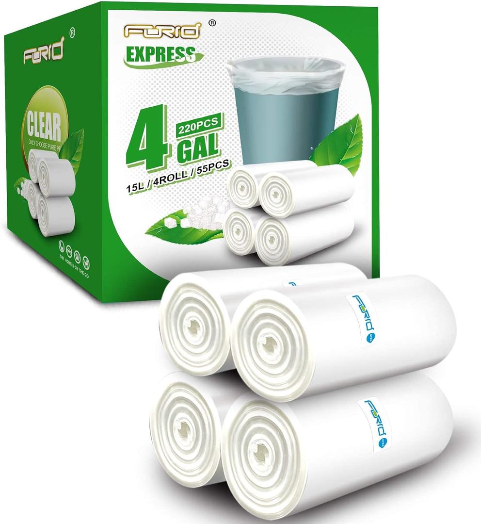 FORID Clear Small Trash Bags, 4 Gallon Garbage Bags, Wastebasket Bin Liners 220 Count Plastic Trash Bags for Bathroom Bedroom Office Garbage Can 15 Liters - Durable & Thick Trash Bag