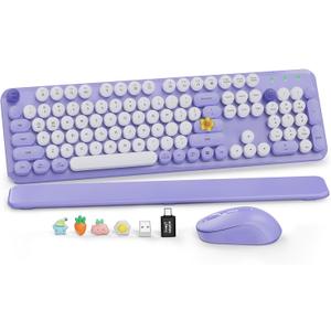 Wireless Keyboard and Mouse Combo, Cute Round Keycaps, Full-Size Retro Typewriter Keyboard with Detachable Wrist Rest, 2.4GHz Cordless Connection for Mac/Windows/PC/Laptop (Purple)