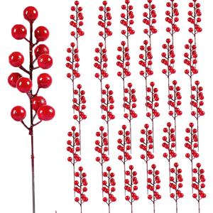 32 Pack Christmas Tree Decoration, 8 Inch Christmas Artificial Red Berry Stems Picks Filler for Tree, Holly Berries Branches Christmas Tree Ornaments DIY Crafts Xmas Winter Holiday Decor