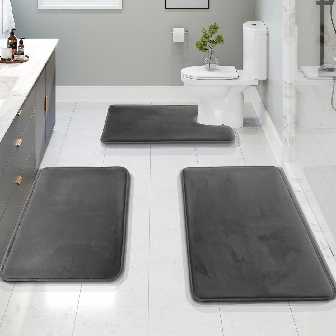 Clara Clark 3 Piece Bathroom Rugs Bath Mat Set, Velvet Memory Foam Bath Mats for Bathroom - Non-Slip, PVC Backing Bath Rugs, Washable - Dries Quickly, Grey