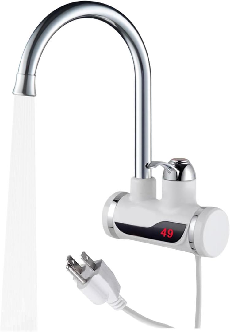 110V Instant Tankless Electric Water Heater Faucet 360 Rotating Hot Water Faucet with LED Digital Display Fast Heating Tap for Kitchen Bathroom Big Lateral Bend