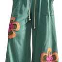 Women's Y2K Floral Boho Baggy Pants Wide Leg Sweatpants Low Rise Pant Elastic Waist Trousers with Pocket (Medium, Green)