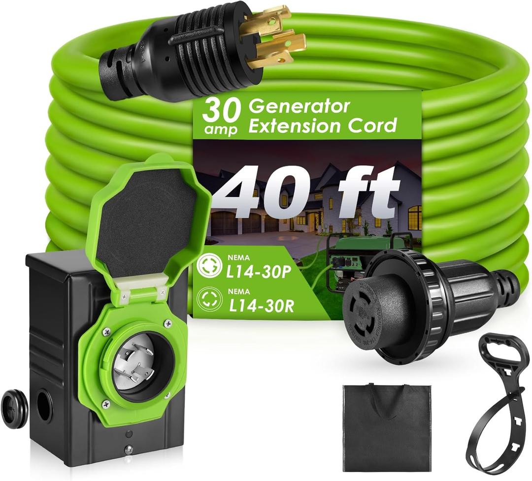 Seeutek 30 Amp Generator Cord - 40 FT 4 Prong Generator Extension Cord with Pre-drilled Power Inlet Box, NEMA L14-30P/L14-30R Functional Waterproof Cable, High Conductivity, ETL Listed (Black+Green 30amp)