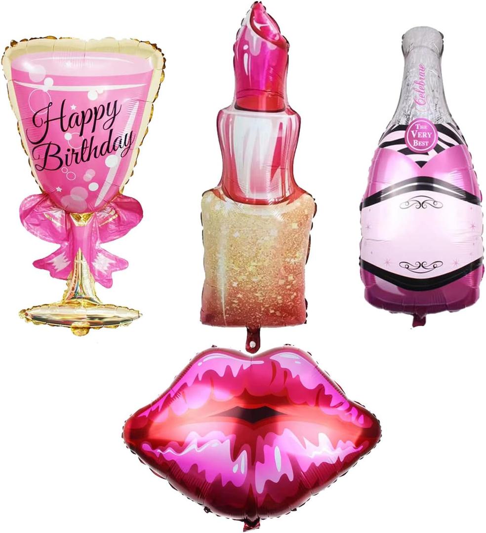 RS 4-Piece Balloon Set (Lips, Lipstick, Champagne Bottle, Goblet) for Women - Durable, Reusable Foil Balloons - Ideal for Birthday, Valentines, Wedding, Bridal Shower Themed Parties