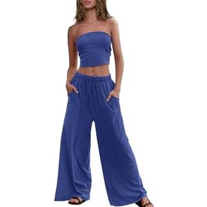 Panadila Womens Summer Lounge Sets 2 Piece Outfits Tube Top and Wide Leg Pants Matching Set Beach Vacation Clothes, Medium
