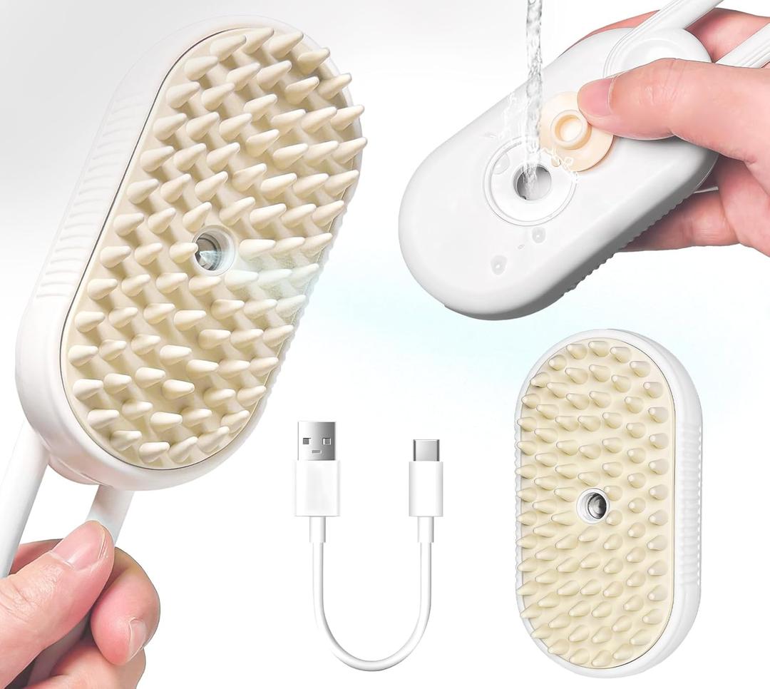 3-in-1 Rechargeable Steam Brush for Cats & Dogs - Anti-Static Spray Pet Grooming Brush with Warm Mist Massage, Hair Shedding Control, Detangling Comb & Cleaning Tool for Effective Deshedding (white)