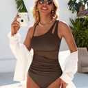 Womens Mesh One Piece Swimsuits Ruched Tummy Control Bathing Suit Modest Full Coverage Slimming Swim Suit (Brown, L)