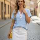 Womens Striped Henley Summer Tops V Neck Button Dressy Casual T Shirts Blouses 2026 Trendy Clothes (XL)