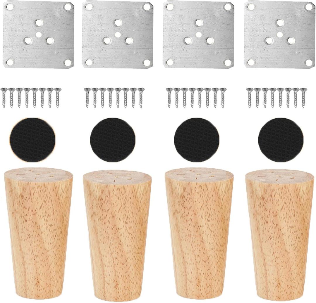 Set of 4 Nature Wood Furniture Leg, 4 Inch Round Sofa Feet Replacement Legs, Chair Bed Closet Cabinet Furniture Feet with Metal Mounting Plates,Screws, Floor Protector Pads for Table Couch