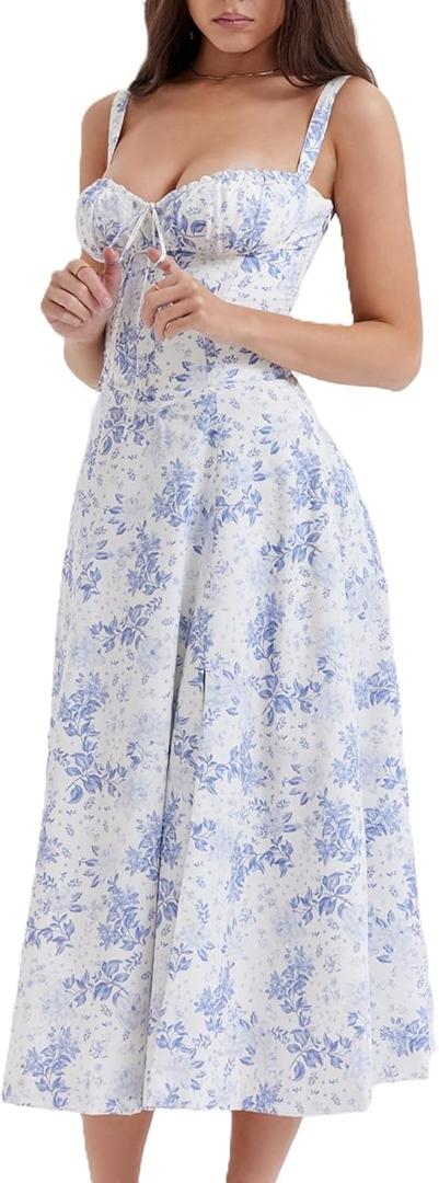 Women's Corset Dresses Floral Print Boho Flowy Slit Dress Midi Beach Casual Sundress Vacation Outfits (XL)