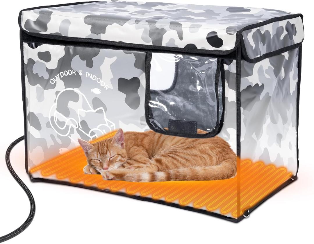 Heated Cat House Outdoor with Two Exits,Insulated and Waterproof, Outside Weatherproof Feral Cat Shelter for Winter (Camouflage, L)