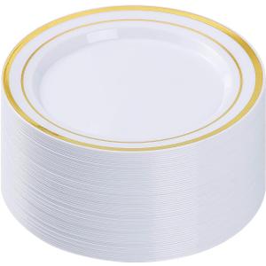 BESTVIP 50PCS Gold Plastic Plates, 10.25 Inch Disposable Dinner Plate Party with Gold Rim, Heavy Duty Disposable Plastic Plates for Christmas, Thanksgiving, Party, Wedding and Birthday