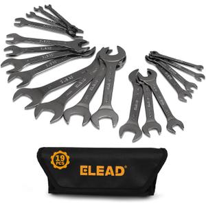 ELEAD Super-Thin Open End Wrench Set | 19-Piece SAE & Metric Sizes | CR-V Nickel Plated | Ultra-Slim Design | Corrosion-Resistant | Durable Roll-Up Pouch for Mechanics