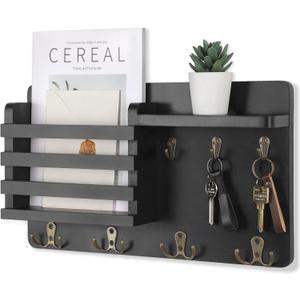 Nekon Mail Holder for Wall Mail Organizer with Key Hooks Hallway Farmhouse Decor Storage Racks with Floating Shelf and Flush Mount Hardware (16.8Inch x 10Inch x 3.2Inch) (Black)
