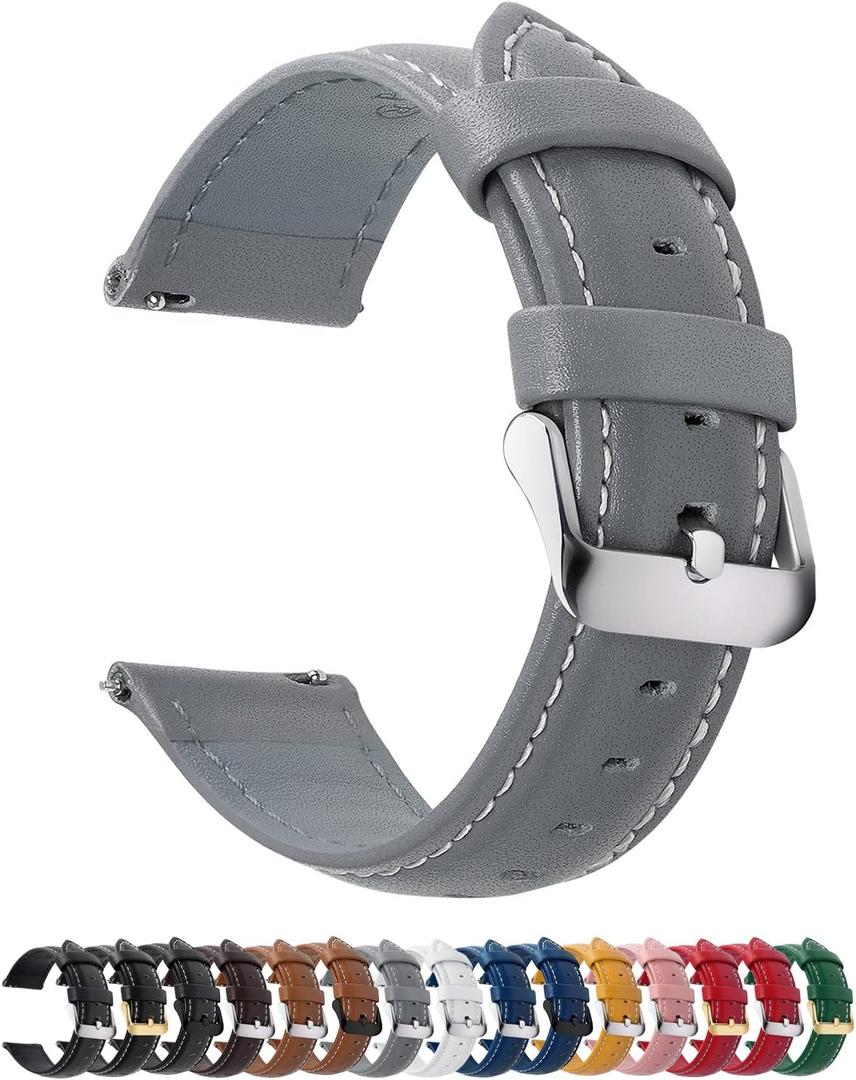 Fullmosa Watch Band, Quick Release Leather Watch Strap for Men Women, Replacement Bands Width 14mm 16mm 18mm 19mm 20mm 21mm 22mm 24mm (Grey+silver buckle)