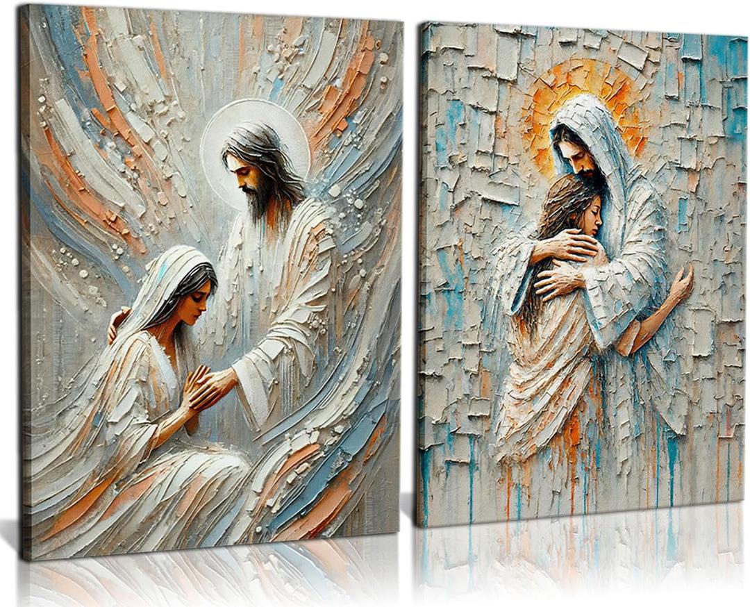 2Pcs Jesus Embracing Woman Canvas Wall Art Woman Lying Safely in Jesus Arms Wall Decor Bible Story Pictures Paintings Modern Christian Healing Posters Prints for Living Room Church 16 x 24 Inch