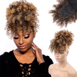 ENTRANCED STYLES Afro Puff Drawstring Ponytail for Black Women, Short Curly Puff Ponytail with Bangs Clip in Wrap Updo Hairpiece for Women(#T30)