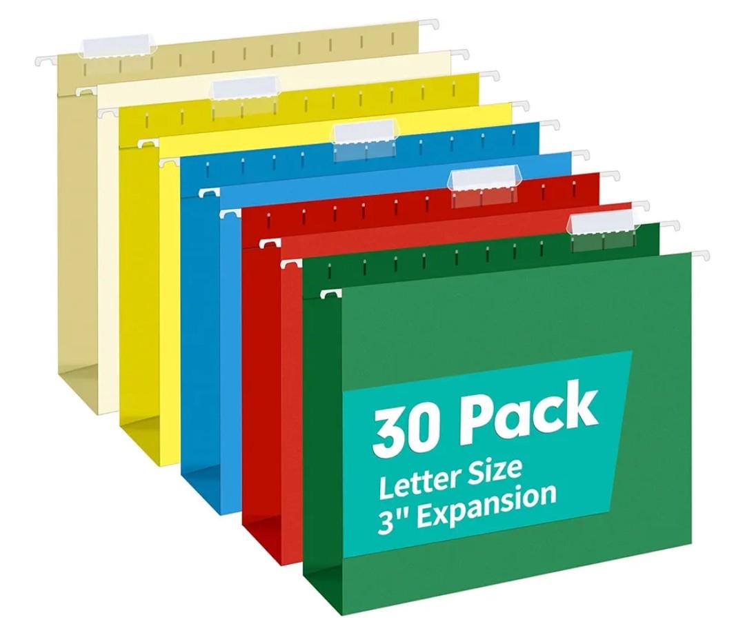 HERKKA Extra Capacity Hanging File Folders, 30 Pack Reinforced Letter Size Hanging Folders with Heavy Duty 3 Inch Expansion, Designed for Bulky Files, Medical Charts, Adjustable Tabs, Assorted Colors