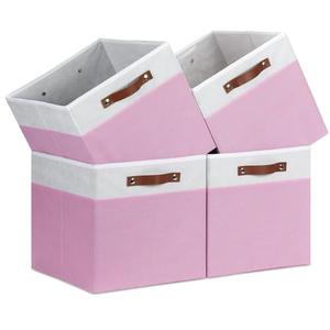 Temary Foldable Cube Baskets 4Pack - Clothes Shelf Storage with Handles, Fabric Storage Organizer Bins (White&Pink, 13x15x13 Inch)