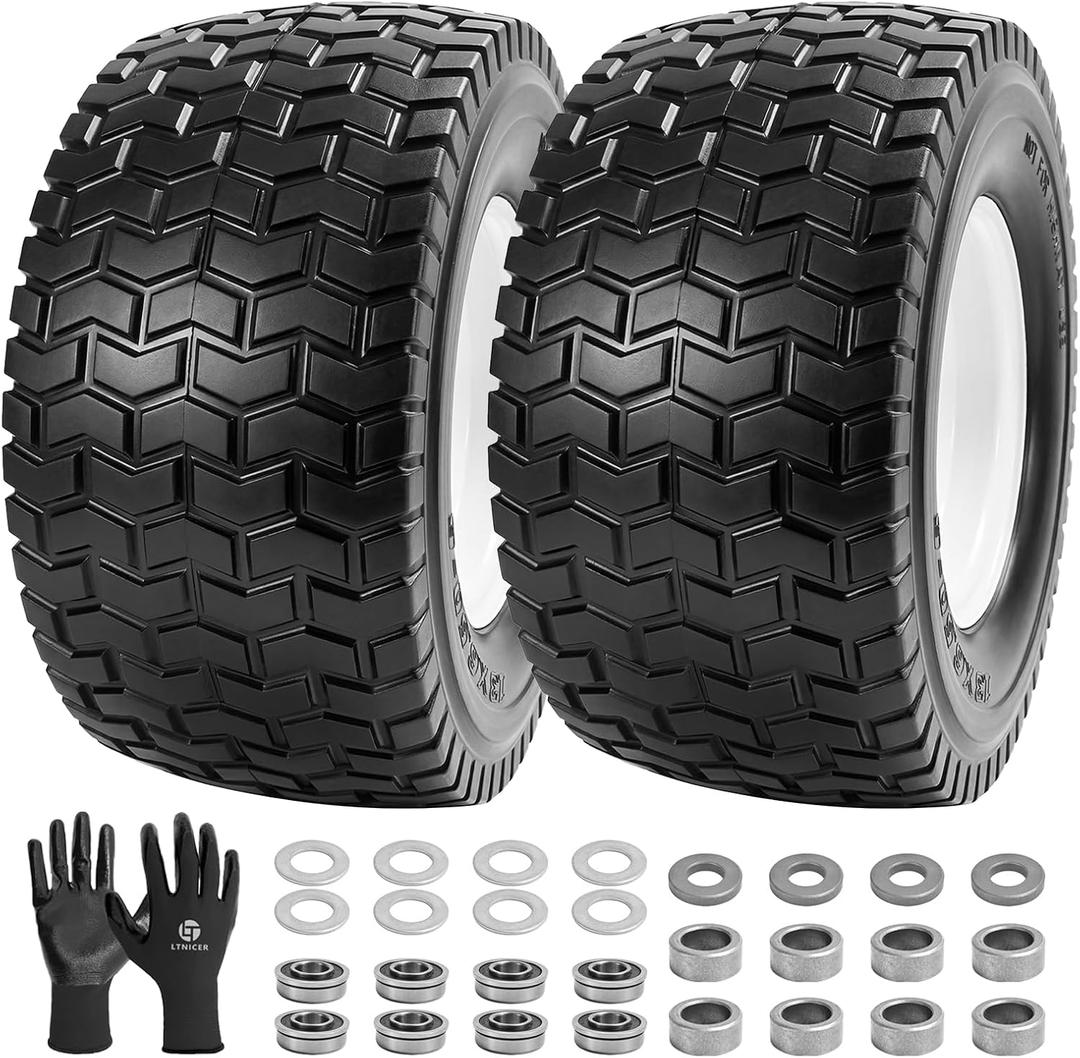 (2-Pack) 13x6.5-6 Flat Free Lawn Mower Tires & Wheels, 13x6.50-6 Solid Tires for Riding Mowers, Garden Tractors & Golf Carts, 3" Centered Hub with 3/4" & 5/8" Bearings Included
