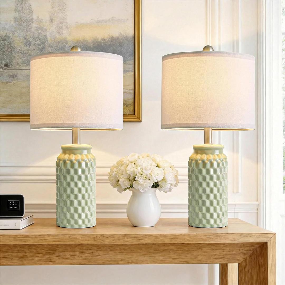 20.5" Small Bedside Lamps Set of 2 with 5FT Cord, Green Ceramic Modern Farmhouse Table Lamps for Nightstand, Living Room, Bedroom, 3D Honeycomb Stylish End Table Lamps(Bulb Not Included)