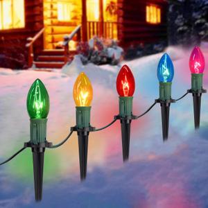 38 Feet C9 Christmas Pathway Lights Christmas Decorations Outdoor Yard, 25Pack Walkway Lights with 25 Marker Stakes, Waterproof Connectable C9 String Lights for Driveway Yard Outdoor Christmas Decor (38FT-Multi-colored)