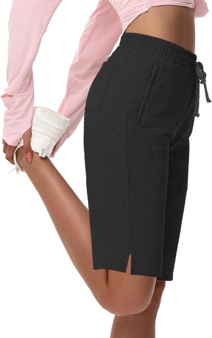 Women's 10" Cotton Bermuda Shorts - Jersey Long Sweat Knee Length Athletic Lounge Walking Summer Shorts with Zip Pocket (Medium, Black)