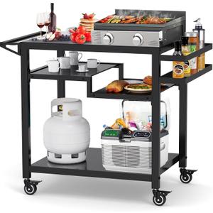 20"x 32" Three-Shelf Movable Outdoor Dining Cart Table, Multifunctional Food Prep Stand, Outdoor Grill Table with Wheels