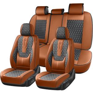 Coverado Car Seat Covers Full Set, Nappa Leather Seat Covers for Car, Waterproof Car Seat Protector with Lumbar Support, Automotive Seat Covers Universal Fit for Most Cars SUV Trucks (Brown-Black)