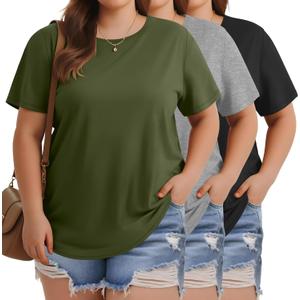 Huukeay 3 Pack Women's Plus Size T Shirts Crew Neck Short Sleeve Tees Cotton Curved Hem Loose Fit Summer Casual Baggy Tops (XX-Large, Black, Light Heather Gray, Army Green)