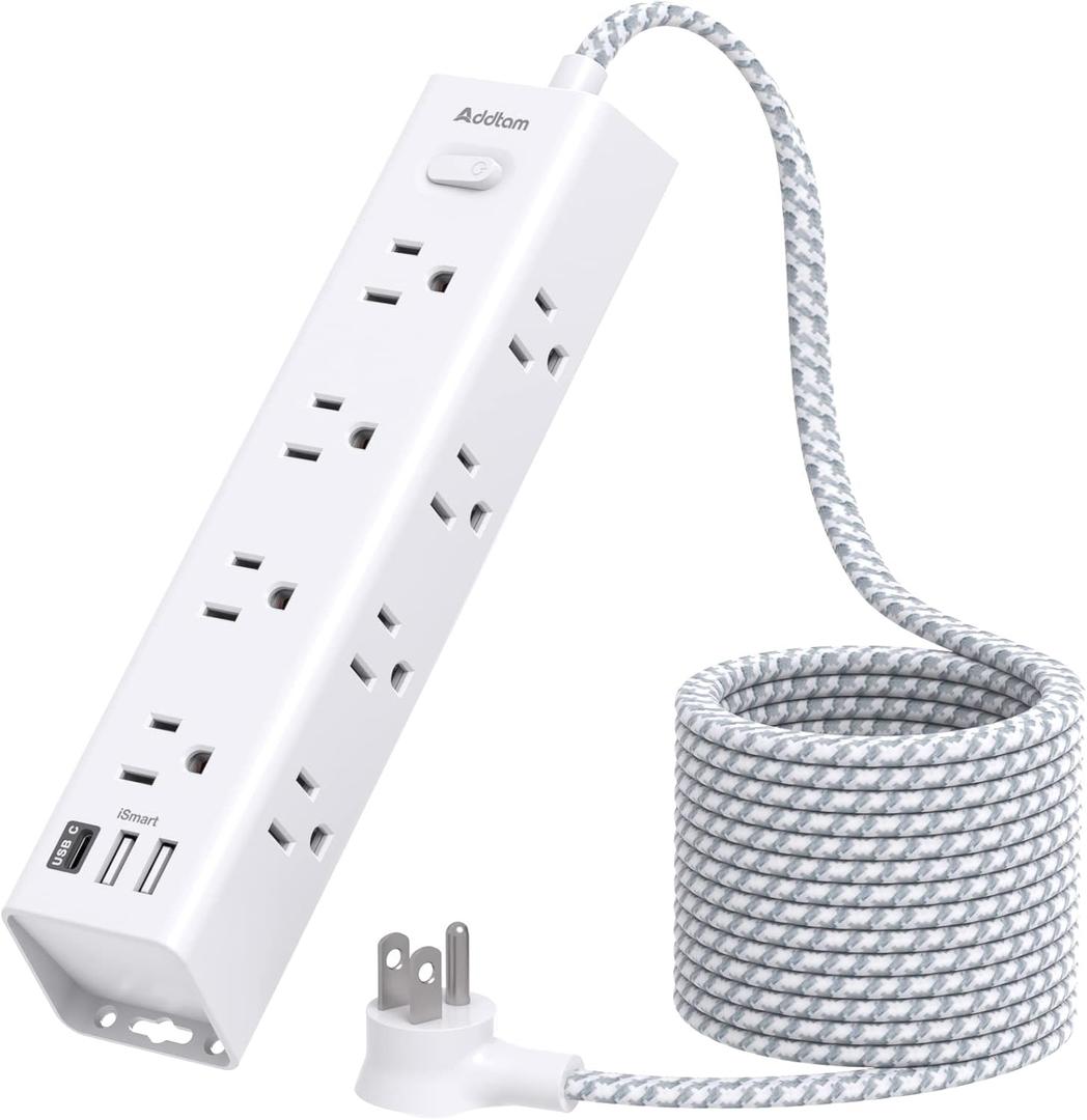 Surge Protector Power Strip - 10 FT Extension Cord, Power Strip with 12 Widely AC Outlet 3 USB, Flat Plug, Wall Mount Overload Protection, 1050J, Desk Charging Station for Home Office, ETL Listed (White)