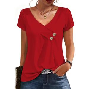 Womens Short Sleeve Summer Tops Button V Neck Tunic Shirts Dressy Casual Loose Fit Outfits (Red, S)