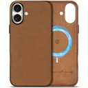 SHIELDON Case for iPhone 16 Plus 5G, Top Grain Vintage Crazy Horse Leather Magnetic Wireless Charging Slim Shock-Absorbent Cover with Metal Button Compatible with iPhone 16 Plus - Crazy Horse Brown