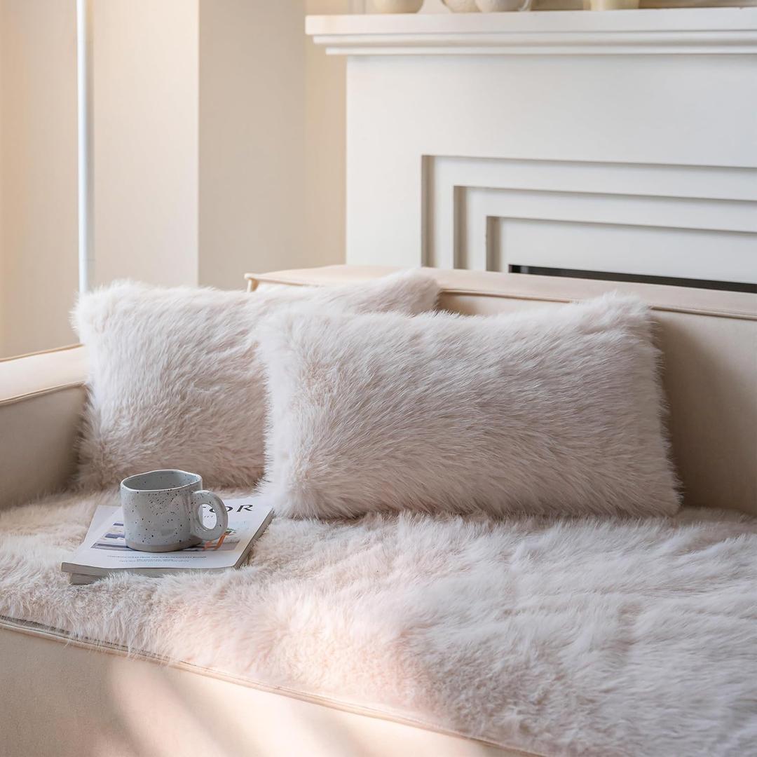 Neelvin Beige Faux Fur Cozy Fluffy Double-Sided Decorative Throw Pillow Covers 12x20 inch Set of 2,Velvet Pillowcase Cushion Case for Sofa Couch