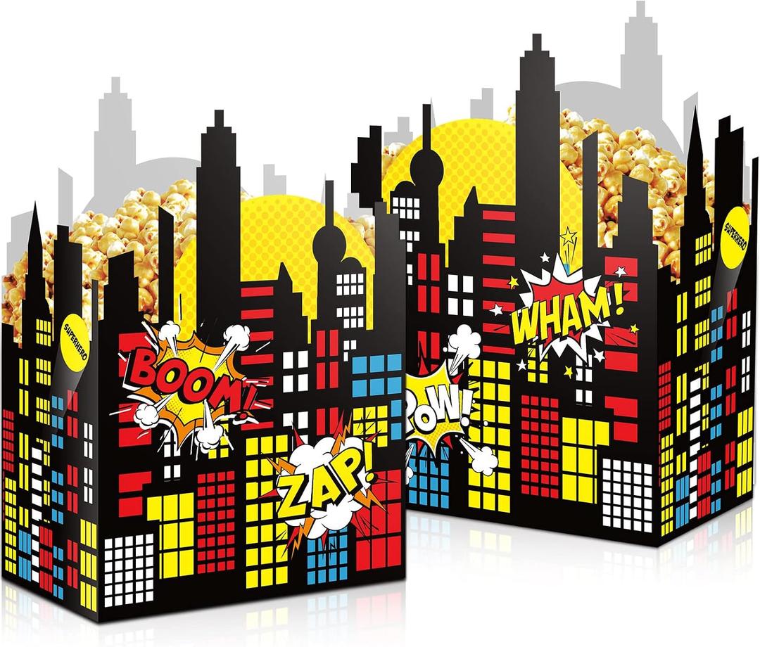 Outus 24 Pcs Hero Party Favor Box Birthday Decorations Colorful Theme Candy Treat Boxes Cardboard Goodies Present Cookies Popcorn Boxes for Kids Baby Shower Parties Carnival Supplies