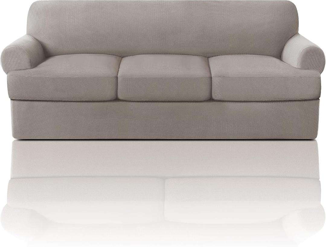 PrinceDeco T Cushion Sofa Slipcover 4 Pieces Sofa Covers for T Cushion Couch Soft Sofa Slip Covers Furniture Protector with 3 Individual T Shape Seat Covers Width Up to 88 Inch, Taupe