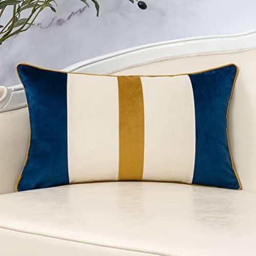 Yangest Navy Blue Patchwork Lumbar Throw Pillow Cover Striped Velvet Cushion Case Modern Neutral Oblong Pillowcase for Sofa Couch Bedroom Living Room Home Decor, 12x20 Inch