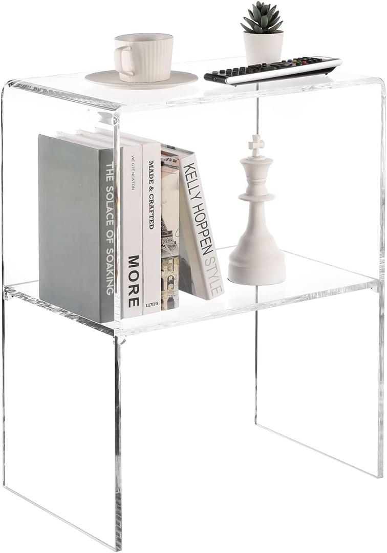 MyGift 24 Inch Premium Clear Acrylic End Table, Decorative Living Room Side Table with 2 Tier Display Shelf, Modern Home Decor Bedroom Nightstand Storage Shelves