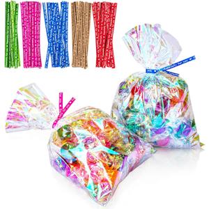 5x7 Inch Iridescent Cellophane Treat Bags with Twist Ties, Treat Bags for Candy Cookie Goodie Chocolates, And Popcorn