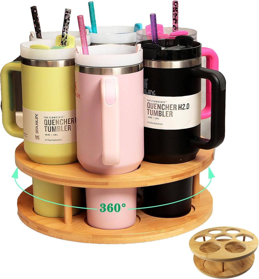 7 Slots Water Bottle Organizer for Stanley Cup Tumbler Accessories Owala Bottle Holder Rotatable Drying Rack Storage for Kitchen Cabinet Countertop Pantry Organizers for Gift, Natural Wood